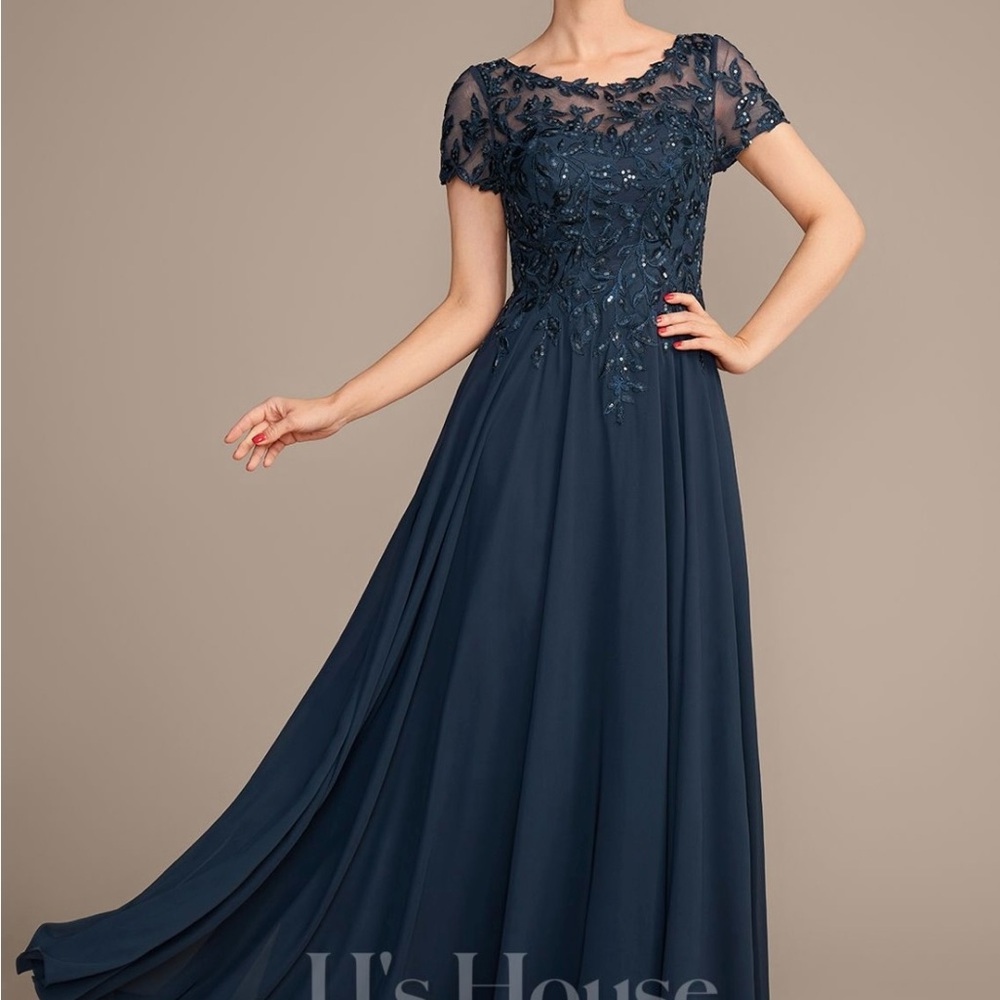 JJs House Navy Beaded Embroidered Mesh Bodice Chiffon A-Line Gown